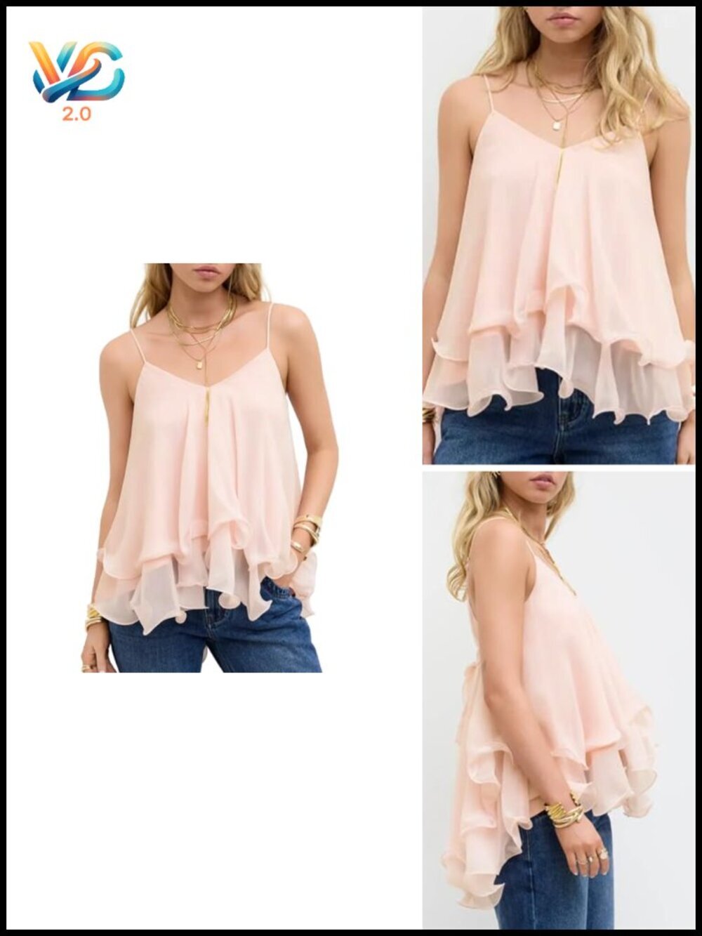 Ruffle Layered Chiffon Cami Tank Top Spaghetti Strap Summer Loose Fit
